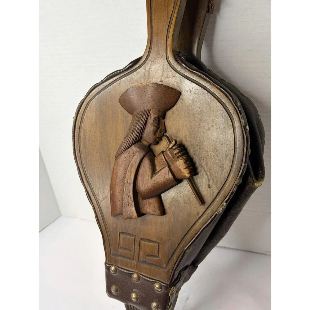 Vintage Hand Carved Wood Fireplace Bellows Andean Llama Folk Art Leather Brass